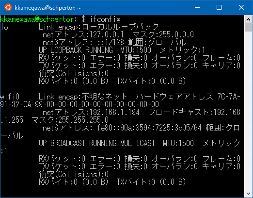 図8 ネットワーク系コマンドの実行例(ifconfigコマンド)