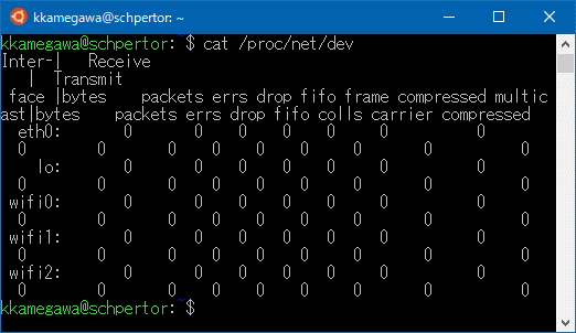 図8 ネットワーク系コマンドの実行例(/proc/net/dev疑似ファイル)