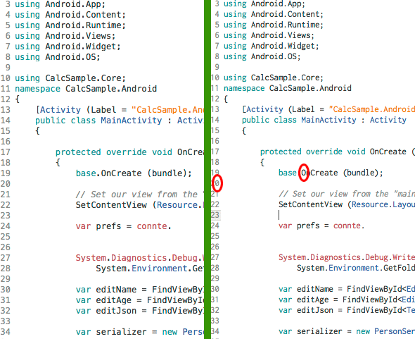 図3 Mac版 Xamarin Studioでの「Ricty Diminished」フォントの表示(左:設定前=Menlo、右:設定後)