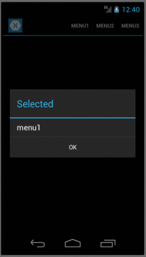 図3 メニュー表示と選択時のアラート表示(Android)