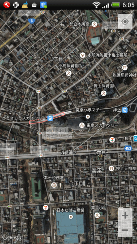 図6 地図のタイプをHybridにする(Android)