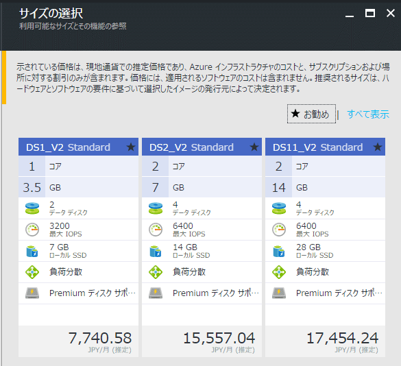 図1 分かりやすいAzureの料金推測: Virtual Machines作成時のサイズの選択