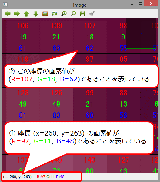 図3 画素値表示(※Qt拡張機能が有効な場合)