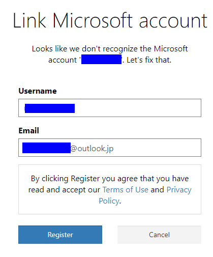 ［Register］ボタンをクリックすると、Microsoftアカウントと関連付けられたnuget.orgアカウントが新規作成される